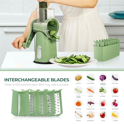 SUSTEAS Rotary Cheese Grater with Handle - Vegetable Shredder with 5 Well-designed Blades & Strong Suction Base,Round Mandoline Slicer & Food Chopper for Kitchen,with Blade Storage Box(Retro Green) 5