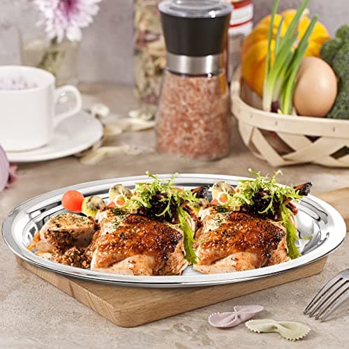 Suwimut 6 Pack Stainless Steel Oval Platter, Heavy Duty Mirror Polish Large Sizzling Platter Serving Tray Fish Plate for Steaming Fish Dessert Meat Sushi, 14-Inch by 8.7-Inch, Silver 6