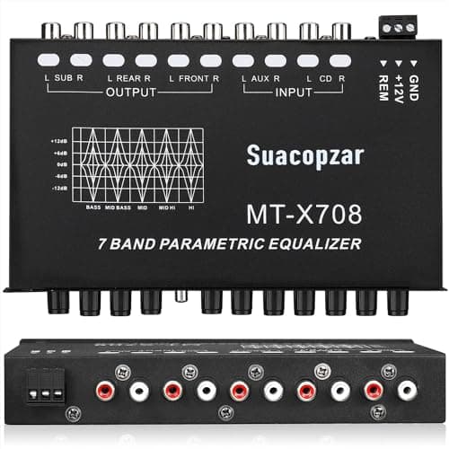 Suacopzar 7 Band Car Audio Equalizer, 7 Bands EQ Car Amplifier Graphic Equalizer W/Front, Rear + Sub Output, CD/AUX in Select Switch, Audio Output for Car Boat RV RTV Motorcycle-Suacopzar