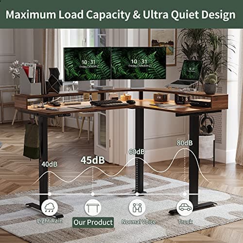 FEZIBO L Shaped Standing Desk with Arc LED & Power Outlet, Exclusive Uprated 3 Motors Support 330LBS, Electric Height Adjustable L Shaped Desk with Large Monitor Stand, for Gaming Office, Black Walnut 8