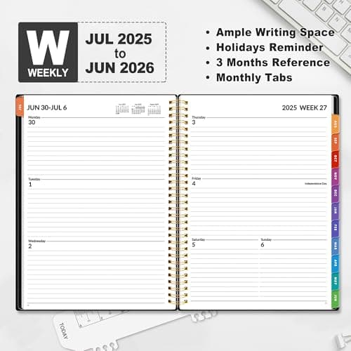 SUNEE Academic Planner 2025-2026 Weekly and Monthly, July 2025-June 2026, 8.5"x11", Tabs, Note Pages, Pockets, Bookmark, Flexible Cover, Spiral Binding, Black 2