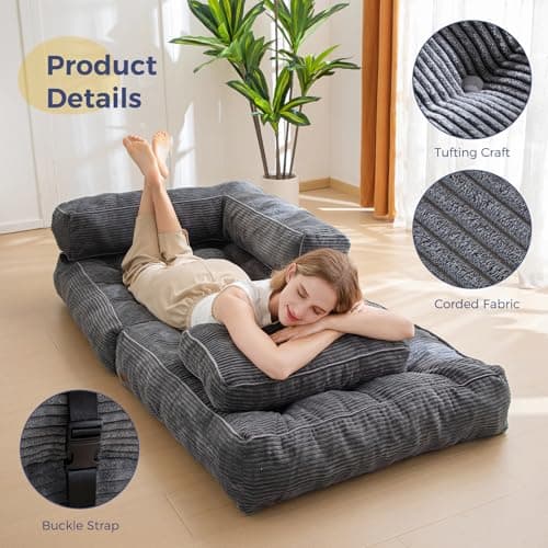 MAXYOYO Folding Sofa Bed, L-Shaped Convertible Sofa Bed with Armrest Foldable Sleeper Sofa with Pillow, Portable Fold Out Chair Bed Comfy Floor Lounge for Living Room Bedroom, Dark Grey 6