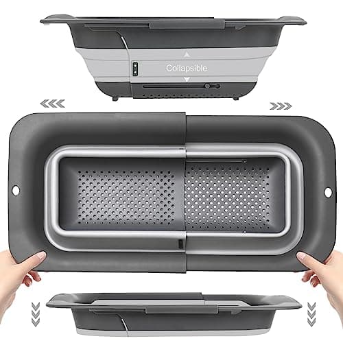 ROTTOGOON Collapsible Colander Strainer, Expandable Over the Sink Colander for Kitchen, Adjustable Silicone Sink Strainer, Foldable Large Colanders Basket to Wash Vegetable, Fruit, 15" to 19.8", Gray