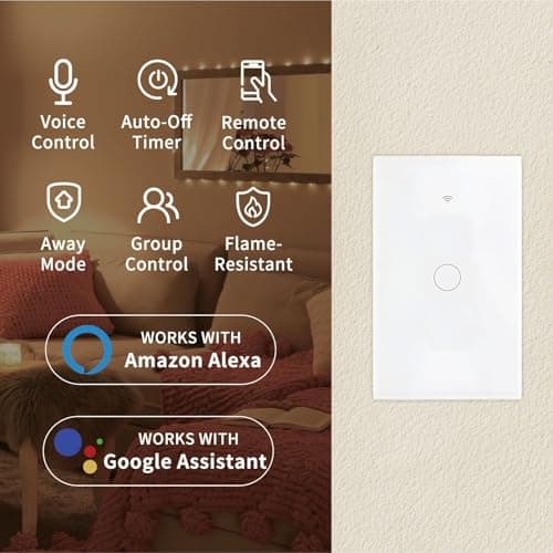 Smart Wi-Fi Light Switch, 2.4GHz Smart Wall Switch for Lights, Single Pole, Touch Control, Neutral Wire Required, Compatible with Alexa & Google Assistant, Remote Control, Timer & Schedule Function 2