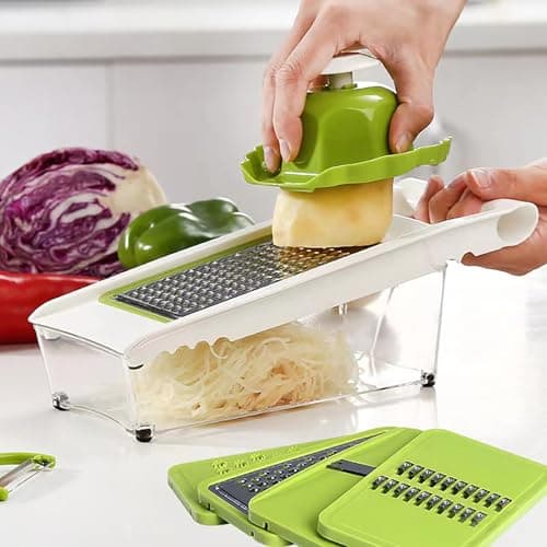 NACOLUS Cheese Grater with Container,5 In 1 Mandoline Slicer for Kitchen,Multi Purpose Vegetable Slicer, Easy to Clean Vegetable Chopper,Cheese Shredder,Julienne Slicer and Peeler 8