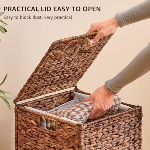 Large Laundry Hamper with Lid and 2 Removable Liner Bags, Natural Handwove Seagrass Clothes Hamper,Wicker Laundry Basket, Foldable, Heightened Feet,Rattan Clothes Laundry Basket (S-BN) 7