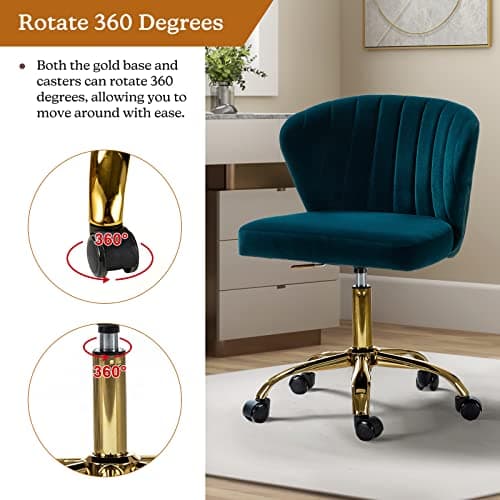 TINA'S HOME Office Desk Chairs with Wheels & Gold Base, Modern Velvet Cute Armless Office Chair, Adjustable Low Back Swivel Rolling Chair, Upholstered Task Chair for Living Room Vanity Study-Teal 5