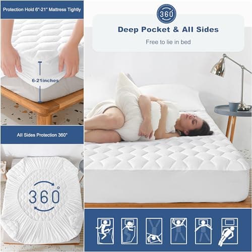 GRT Queen Mattress Protector Waterproof, 100% Waterproof Quilted Fitted Mattress Pad, Noiseless Hollow Cotton Mattress Cover, fits up to 21" Deep, Dust Proof White 5