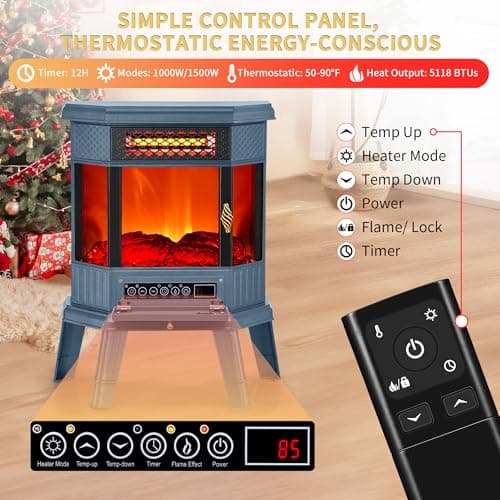 RealSmart Electric Fireplace Heater 22 in Freestanding Fireplace Stove Infrared Fireplace with 3D Flame Effect Remoted Control, Timer, Overheating Protection (Blue) 5