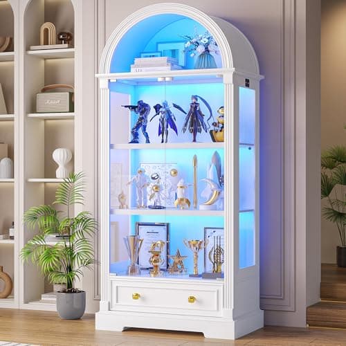 Arched Display Cabinet with Glass Doors, 72" Tall Curio Cabinet with Human Sensor Lights, 4-Tier Display Case for Collectibles Bookcase Living Room