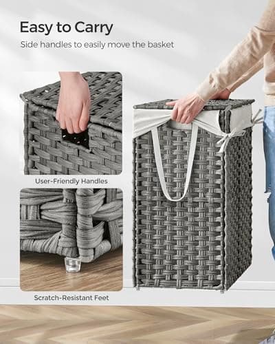 SONGMICS Laundry Hamper with Lid, 23.8 Gallon (90 L) Synthetic Rattan Clothes Laundry Basket with Lid and Handles, Foldable, Removable Liner, Dove Gray ULCB51WG 5