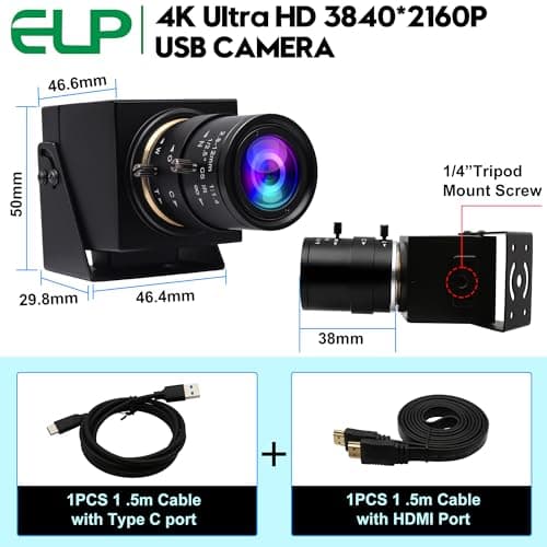 ELP 4K 60fps USB3.0 Webcam - HDMI Output for TV/Monitor - Manual Zoom - High Speed PC Camera for Video Conference - H.264 Variable Focus 6
