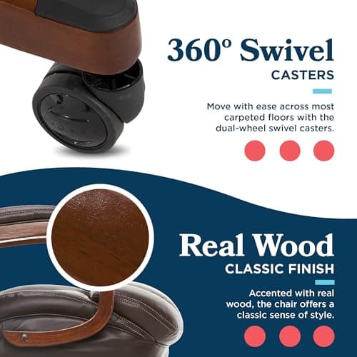 La-Z-Boy® Fairmont Big and Tall Executive Office Chair with Memory Foam Cushions, High-Back Swivel Desk Chair with Wood Arms and Base, Bonded Leather, Brown 10