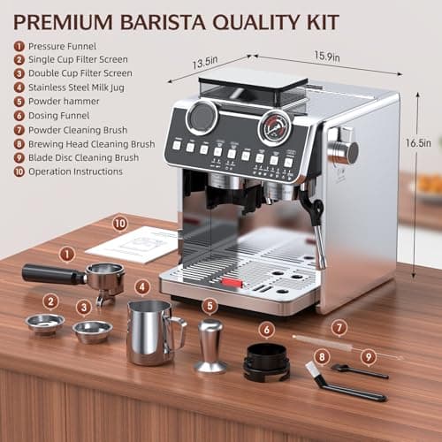 QJA Espresso Machine with Grinder, 20 Bar Pressure Professional Espresso Maker with 30 Grinding Settings, 58mm Portafilte, Anti-scalding Milk Frother Steam Wand for Latte Cappuccino (Stainless Steel) 8