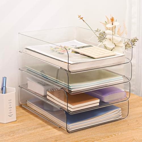 LALOBLUE Stackable Letter Tray Desk Organizer, Set of 4 Clear PET Paper & File Organizers, Document Storage for Office Supplies 8