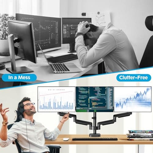 MOUNTUP Triple Monitor Mount for 17-32 inch Screens, Full Motion Triple Monitor Stand, 3 Monitors Desk Mount Holds 4.4-19.8 lbs Each, Clamp & Grommet Mounting, Black 8