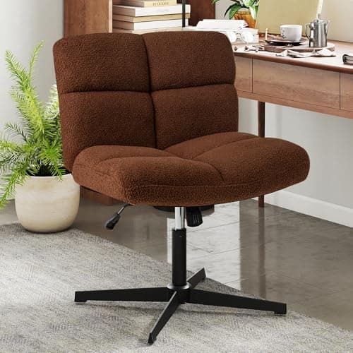 COSTWAY Cross Legged Office Chair, Armless Wide Seat Swivel Desk Chair No Wheels, Height Adjustable Mid Back Computer Task Chair, Modern Faux Lamb Fleece Vanity Chair for Home Office (Brown)