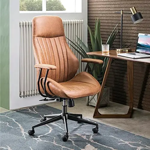 ovios Ergonomic Office Chair, High Back Faux Leather Executive Chairs with Armrests, Comfy Mid-Century Modern Swivel Rolling Computer Armchair (Brown, Suede Leather)