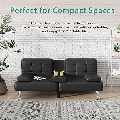Flamaker Futon Sofa Bed Modern Folding Futon Set Convertible Recliner Lounge for Living Room with 2 Cup Holders, Removable Armrests (PU Leather, Black) 5