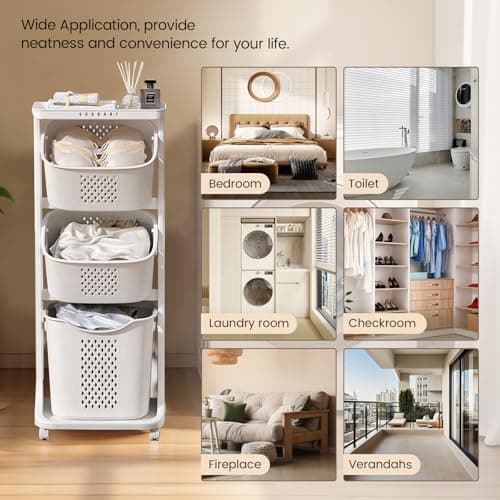 BAOKALER Rolling Laundry Hamper Cart with Wheels, 3 Tier White Laundry Baskets, Clothes Hamper with Portable Storage Baskets for Kitchens, Bathrooms, Bedrooms, Classrooms, Laundry Rooms(75L) 7