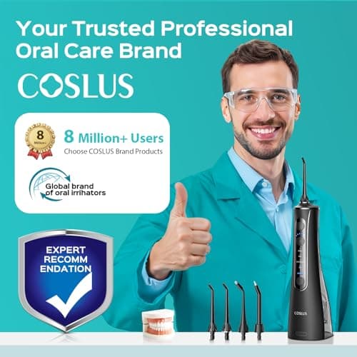 COSLUS C50 Portable Water Flosser for Teeth: 4 Modes & 5 Intensity Levels Professional Electric Dental Pick for Sensitive Gums, Braces & Orthodontic - Cordless for Travel Use, for Adults, BPA-Free 5