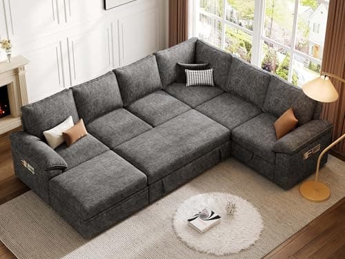 SUAWY 108 Inch Sectional Sleeper Sofa with Pull Out Bed, U Shaped 7 Seat Modular Sectional Sofa with Storage, Sectional Couches for Living Room, Cloud Modular Couch,Removable Sofa Cover, Dark Grey 9