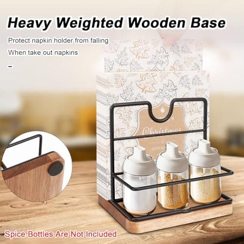 Livabber Napkin Holder, Metal Napkin Storage with Salt and Pepper Shakers Caddy Modern Napkin Dispenser for Table Kitchen Countertop, Not Including Salt and Pepper Shakers (Middle Wooden, Black) 5