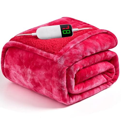 greenoak Heated Electric Blanket Throw, Faux Fur Sherpa Heating Blanket for Sofa Bed, Warm Winter Gifts for Mom/Grandma, Heater Lap Blankets 5-Position Timer &10 Heating Levels 50''*60" Red