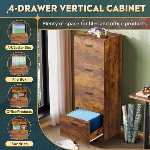 DEVAISE 4 Drawer File Cabinet with Lock, Vertical Filing Cabinet for A4/Letter Size Files, Wood Storage Organizer for Home Office, Rustic Brown 5