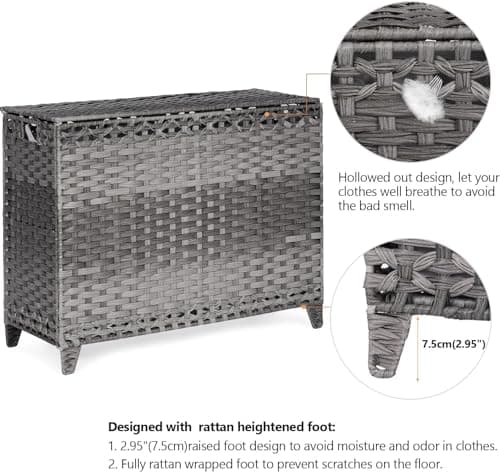 Laundry Hamper with 4 Removable Liner Bags; 176L Handwoven Rattan Laundry Basket with Lid & Heightened Feet; Clothes Hamper with Side Handles(Gray) 5