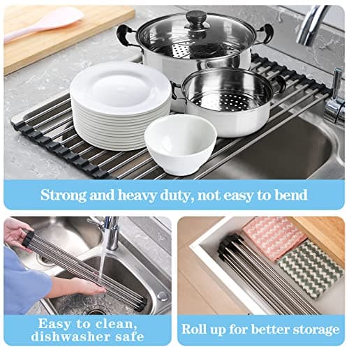 Seropy Roll Up Dish Drying Rack Over The Sink Drying Rack for Kitchen Counter, Rolling Dish Rack Over Sink Mat, Foldable Dish Drainer Stainless Steel Rack Kitchen Organization Gadgets 17.5"x11.8" 7