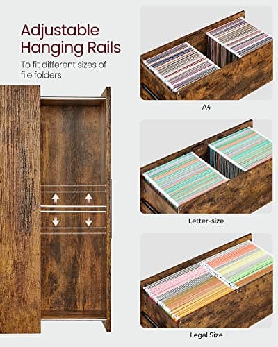 VASAGLE Lateral File Cabinet, Home Office Printer Stand, 2-Drawer Filing Cabinet, with Anti-tip Interlocking Mechanism, for A4, Letter-Size, Legal-Size Hanging Files, Rustic Brown and Ink Black 5