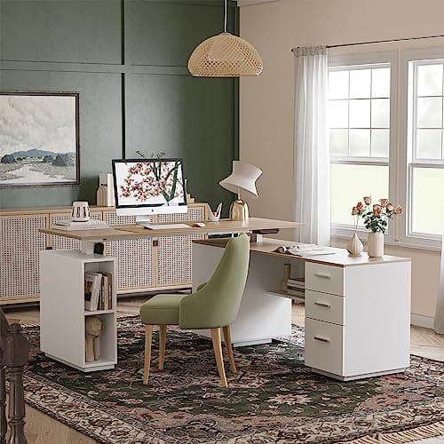 FEZIBO Electric Height Adjustable Stand up Desk for Home Office, 63" L Shaped Executive Standing Desk with 3-Drawer File Cabinet, Computer Desk with Storage Cabinets, White Frame/Light Walnut Top 9