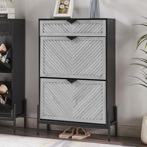VIPLUMI Shoe Cabinet Storage with 2 Flip Drawers, Narrow Hidden Shoes Organizer Cabinet for Entryway, Freestanding Slim Shoe Rack Front Door Entrance(Grey&Black)