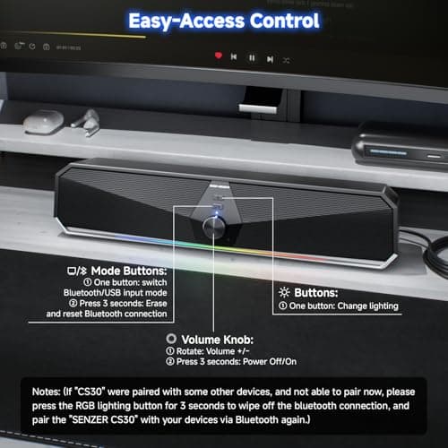 SENZER CS30 Bluetooth Computer Speakers for Desktop, USB Plug & Play PC Speakers with Dynamic LED Light, Stereo Sound Soundbar for Desktop Laptop Monitor (USB-C Adapter Included) 8