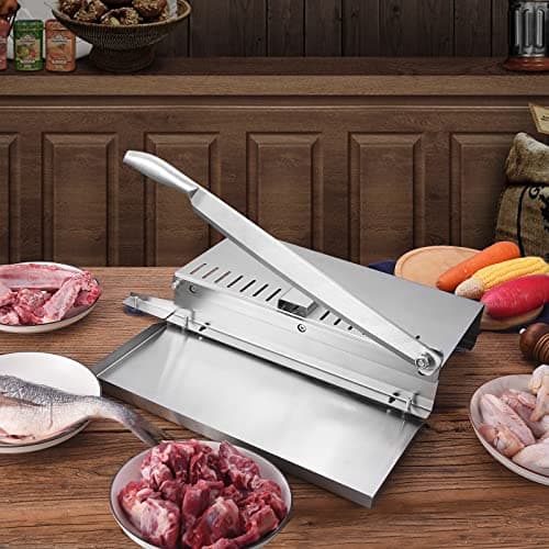 Meat Slicer Bone Cutter 20in，Manual Ribs Chopper for Chicken Fish or Beef，Stainless Steel Frozen Meat Slicer with Food Tray 8
