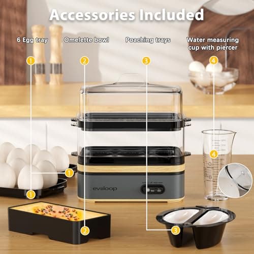 Evoloop Rapid Egg Cooker Electric 12 Eggs Capacity, Soft, Medium, Hard Boiled, Poached, Omelet Maker Egg Poacher & Vegetable Steamer, BPA Free Tray(Grey) 9