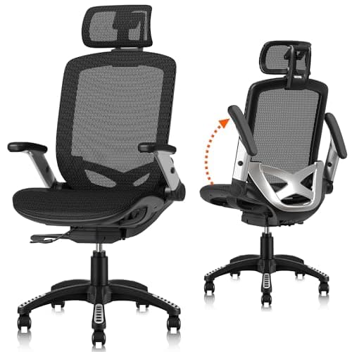 GABRYLLY Ergonomic Office Mesh Chair, High-Back Desk Chair with Sliding Seat, Adjustable Flip-up Armrest & 2D Headrest, 4-Gear Tilt Function, Swivel Computer Gaming Chairs for Man Woman