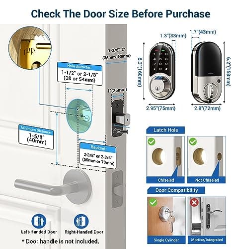 Veise RZ07 Fingerprint Smart Lock, 7-in-1 Smart Locks for Front Door, Keyless Entry Door Lock with App Control, Biometric Electronic Touchscreen Keypad Deadbolt, Satin Nickel 9