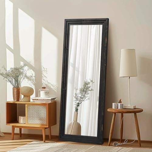 ABSWHLM Full Length Mirror 58"x22" Solid Wood Frame Floor Large Mirror for Living Room, Bedroom Hanging or Leaning Wall-Mounted, Black
