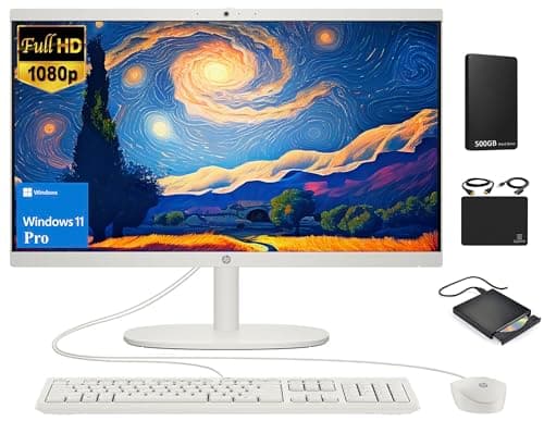 HP All-in-One Desktop Computer 2024, 21.5" FHD Display, 16GB RAM, 1TB Storage (512GB SSD+500GB External Drive), Intel Celeron Processor, Webcam, RJ-45, Keyboard & Mouse, Marxsol-DVD +/-RW, Win 11 Pro