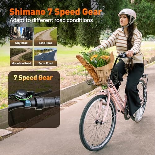 LUXECYCLES 26" Electric Bike,1000W Peak City Cruiser Ebikes,20MPH 70Miles Step Thru Electric Bicycle with 48V Removable Battery,Detachable Foldable Basket,Rear Rack(SGS & UL2849) Pink 7