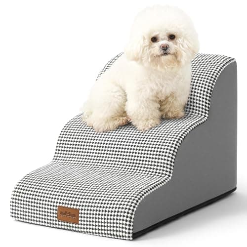 COZY KISS Dog Stairs for Small Dogs 15.7" H, Curved Dog Step for Puppy, Older Cat, Medium Pet Ramp for Sofa, Couch or Chair, Ladder with High Density Foam, 3 Step, 15.7x22.4x15.7 inch, White Black