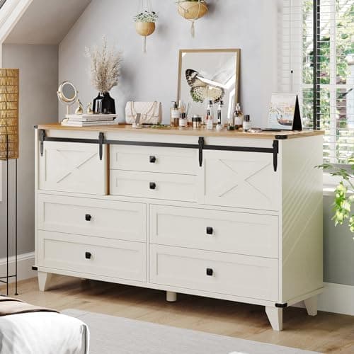 Hasuit Farmhouse 6 Drawer Dresser for Bedroom, Retro Chest of Drawers with Sliding Barn Door, Bedroom Long Storage Dressers Organizer, White