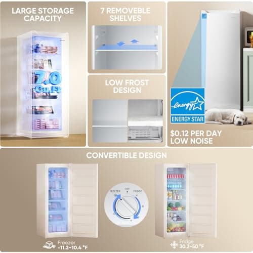 Upstreman 7.0 Cu.Ft Convertible Upright Freezer with Large Capacity, Convertible Design, Energy Saving, Quiet Operation, Removable Shelves, Suitable for Basement, Dorm, Apartment, Office, White-UF70 7