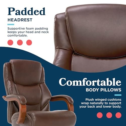 La-Z-Boy Delano Big and Tall Executive Office Chair - Ergonomic Lumbar Support Memory Foam - Bonded Leather Desk Chair for Home Office - Mahogany Wood Arms - Chestnut Brown 11