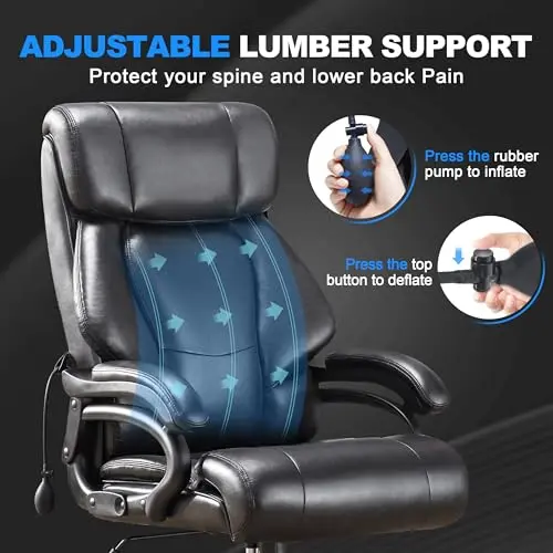 Huatean Home Big and Tall Office Chair 500LBS for Back Pain Relief, Executive Heavy Duty Office Chair for Heavy People, Breathable Leather, Ergonomic, Long Hours Sitting, Black 5