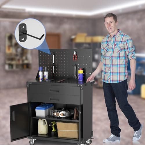 NICOMOW 31.5" H Workbench Mobile Tool Cart,Garage Workbench with 4 Wheels,Metal Storage Cabinet with 2 Drawers&2 Doors and 1 Adjustable Shelves,Lockable Tool Cabinets for Home,Garage,Shop,Black 6