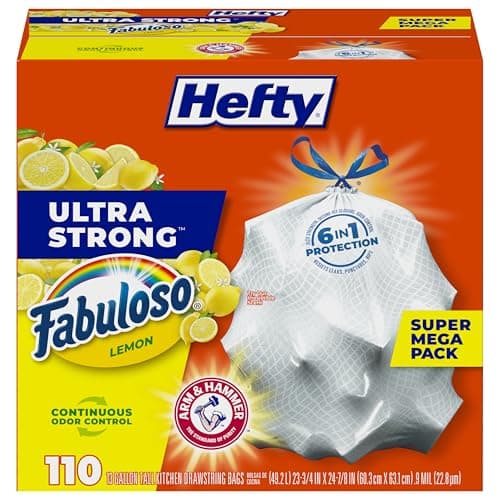 Hefty Ultra Strong 13 Gallon Trash Bags, Tall Kitchen Trash Bags 13 Gallon Size, Resist Leaks, Punctures, and Rips, Continuous Odor Control, White, Fabuloso Lemon Scent, 110 Bags