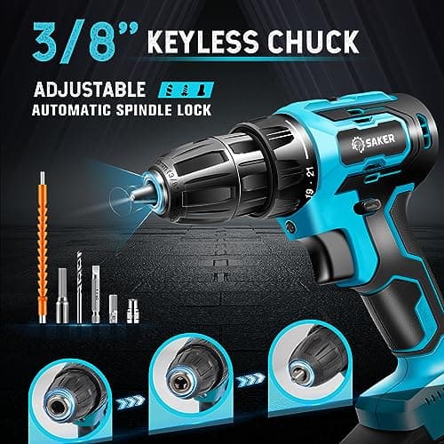 Saker Cordless Drill Set, Brushless 20V Electric Drill with Drill Bits, 3/8-Inch Keyless Chuck, 2 Variable Speeds, 430 In-lbs Torque Battery Power Screwdriver Driver for Plastic, Wood, Metal, Screws 5